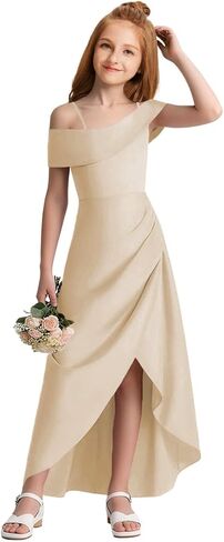 Junior Bridesmaid Dresses Satin Off Shoulder Flower Girl Dresses for Wedding High Low Prom Dress for Teen Girls Formal Dress in Saudi Arabia