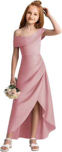 Junior Bridesmaid Dresses Satin Off Shoulder Flower Girl Dresses for Wedding High Low Prom Dress for Teen Girls Formal Dress in Saudi Arabia