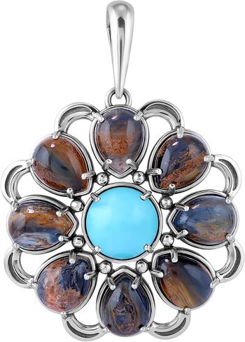 American West Jewelry Sterling Silver Blue Pietersite and Kingman Turquoise Flower Pendant Enhancer in Saudi Arabia