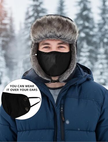 Buauty الفراء الصياد قبعة للرجال النساء الشتاء يندبروف قبعات Ushanka الروسية الناعمة مع اللوحات الأذن الدافئة وقناع قابل للإزالة in Kuwait
