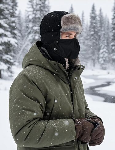 Buauty الفراء الصياد قبعة للرجال النساء الشتاء يندبروف قبعات Ushanka الروسية الناعمة مع اللوحات الأذن الدافئة وقناع قابل للإزالة in Kuwait