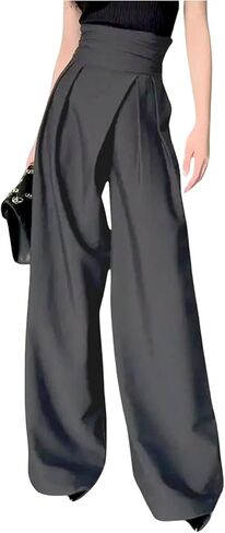 OYOANGLE Women's Pleated Wrap Wide Leg Baggy Dress Pants Elastic High Waist Long Trousers with Pockets in Saudi Arabia
