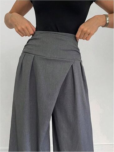 OYOANGLE Women's Pleated Wrap Wide Leg Baggy Dress Pants Elastic High Waist Long Trousers with Pockets in Saudi Arabia