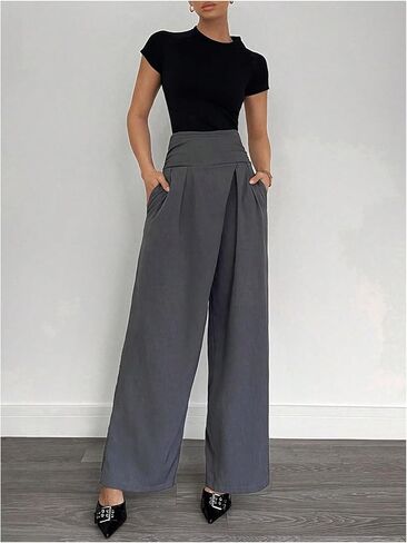 OYOANGLE Women's Pleated Wrap Wide Leg Baggy Dress Pants Elastic High Waist Long Trousers with Pockets in Saudi Arabia