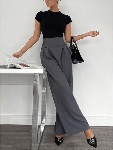 OYOANGLE Women's Pleated Wrap Wide Leg Baggy Dress Pants Elastic High Waist Long Trousers with Pockets in Saudi Arabia