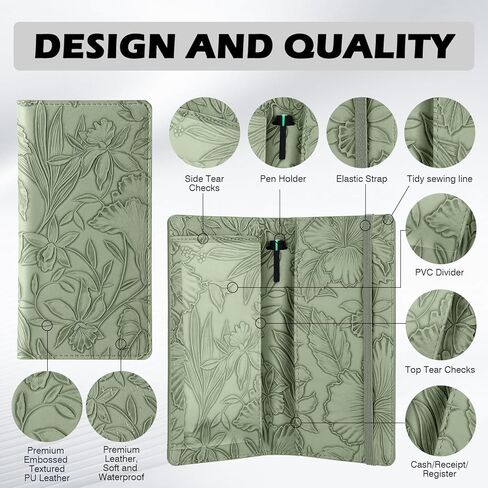 Checkbook Cover for Personal Checkbook，Soft PU leather with a detailed embossed flower pattern，with Pen Holder & Built-in Clear Plastic Divider for Duplicate Checks in Saudi Arabia