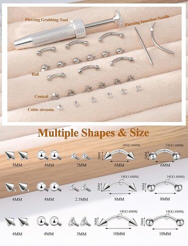 Eyebrow Piercing Jewelry Set with Tools, Surgical Steel Curved Barbell Kit with CZ, Spike & Ball Replacement Ends, Internal Thread 6mm/8mm/10mm Rook Daith Lip Rings for Women Men in Saudi Arabia