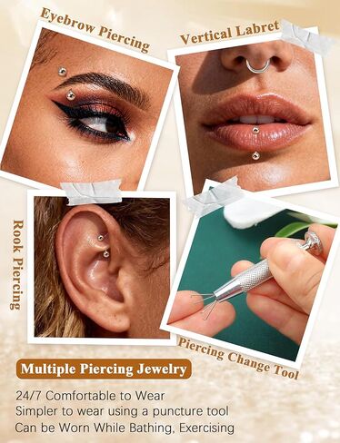 Eyebrow Piercing Jewelry Set with Tools, Surgical Steel Curved Barbell Kit with CZ, Spike & Ball Replacement Ends, Internal Thread 6mm/8mm/10mm Rook Daith Lip Rings for Women Men in Saudi Arabia