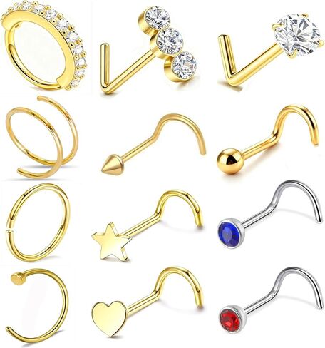 20G Surgical Stainless Steel Nose Rings Hoops & Studs - Hypoallergenic Nose Screw Piercing with 2-3mm Gold-Tone CZ, Multi-Size for Women Men in Saudi Arabia