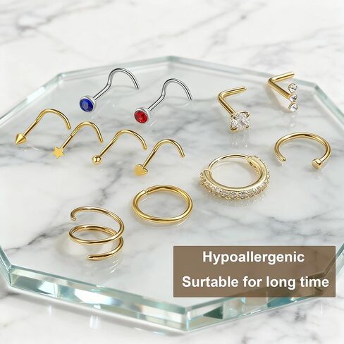 20G Surgical Stainless Steel Nose Rings Hoops & Studs - Hypoallergenic Nose Screw Piercing with 2-3mm Gold-Tone CZ, Multi-Size for Women Men in Saudi Arabia