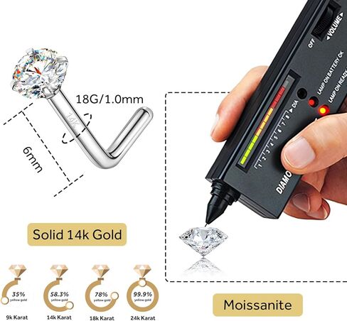 14K الذهب L شكل مويسانيتي الأنف الدائري ترصيع، 18G 20G الأنف خواتم ثقب المجوهرات للنساء الرجال in Kuwait