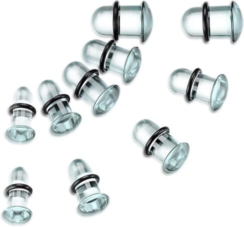 طقم قياس الأذن الزجاجي 14 قطعة/10 قطع مع حلقات مطاطية، سدادات مضيئة واحدة 14G-00G لمقاييس الأذن، مجوهرات ثقب الجسم المتوسعة الناعمة غير المسببة للحساسية للارتداء اليومي in Kuwait