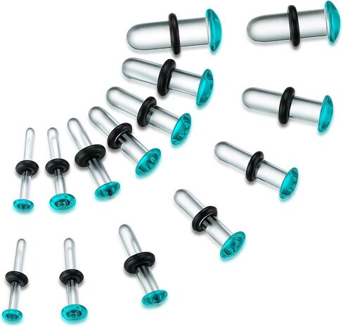 طقم قياس الأذن الزجاجي 14 قطعة/10 قطع مع حلقات مطاطية، سدادات مضيئة واحدة 14G-00G لمقاييس الأذن، مجوهرات ثقب الجسم المتوسعة الناعمة غير المسببة للحساسية للارتداء اليومي in Kuwait