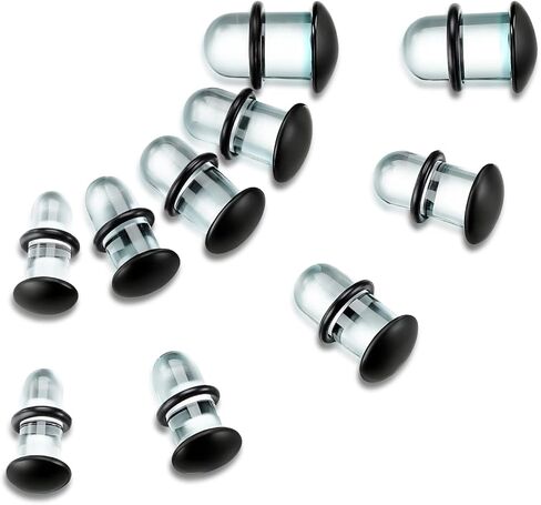طقم قياس الأذن الزجاجي 14 قطعة/10 قطع مع حلقات مطاطية، سدادات مضيئة واحدة 14G-00G لمقاييس الأذن، مجوهرات ثقب الجسم المتوسعة الناعمة غير المسببة للحساسية للارتداء اليومي in Kuwait