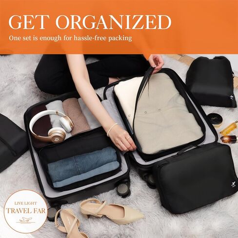HOTOR Packing Cubes for Suitcases - 6 Pieces, Light Packing Cubes for Travel, Premium Suitcase Organizer Bags Set, Space-Saving Luggage Organizers, Travel Accessories and Essentials, Black in Saudi Arabia