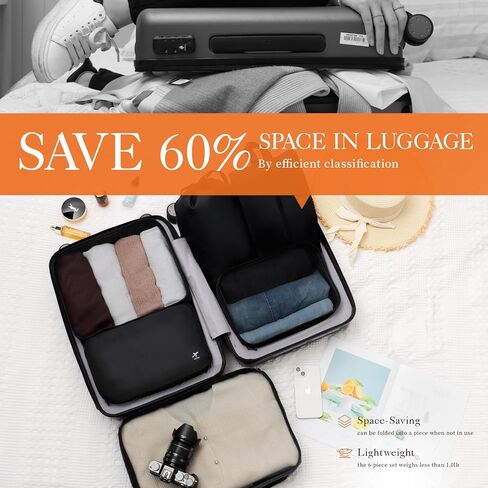 HOTOR Packing Cubes for Suitcases - 6 Pieces, Light Packing Cubes for Travel, Premium Suitcase Organizer Bags Set, Space-Saving Luggage Organizers, Travel Accessories and Essentials, Black in Saudi Arabia