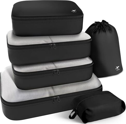 HOTOR Packing Cubes for Suitcases - 6 Pieces, Light Packing Cubes for Travel, Premium Suitcase Organizer Bags Set, Space-Saving Luggage Organizers, Travel Accessories and Essentials, Black in Saudi Arabia