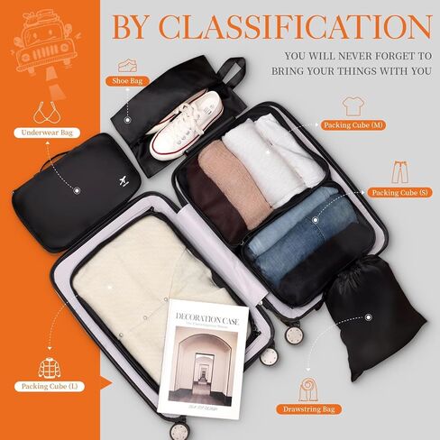 HOTOR Packing Cubes for Suitcases - 6 Pieces, Light Packing Cubes for Travel, Premium Suitcase Organizer Bags Set, Space-Saving Luggage Organizers, Travel Accessories and Essentials, Black in Saudi Arabia