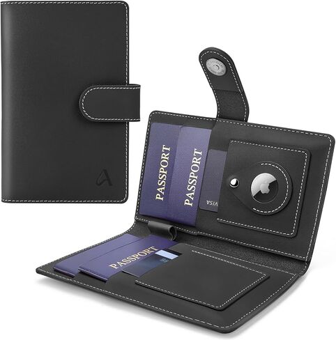 ALLIVE Passport Holder for Travel Family, Genuine Leather Passport Wallet with AirTag Slot, RFID Blocking Travel Document Organizer for Women & Men, Airport Essentials, Family Travel Gift (Black) in Saudi Arabia