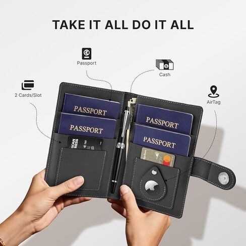 ALLIVE Passport Holder for Travel Family, Genuine Leather Passport Wallet with AirTag Slot, RFID Blocking Travel Document Organizer for Women & Men, Airport Essentials, Family Travel Gift (Black) in Saudi Arabia