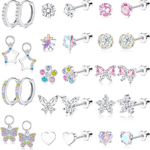 BESTEEL 14Pairs Hypoallergenic Earrings for Girls Women Surgical Steel Screw Back Earrings Cute CZ Flower Butterfly Stud Hoop Kids Toddler Earring Set with Charm Christmas Stocking Stuffers Gift in Kuwait