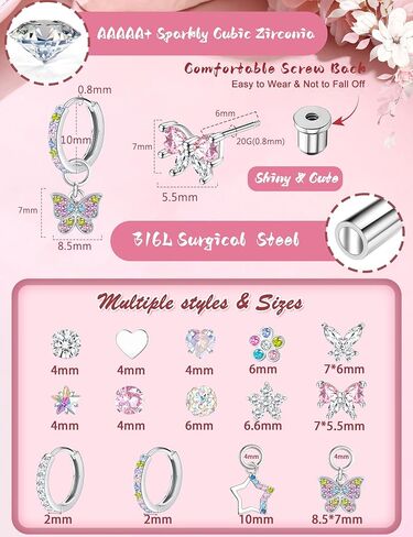 BESTEEL 14Pairs Hypoallergenic Earrings for Girls Women Surgical Steel Screw Back Earrings Cute CZ Flower Butterfly Stud Hoop Kids Toddler Earring Set with Charm Christmas Stocking Stuffers Gift in Kuwait