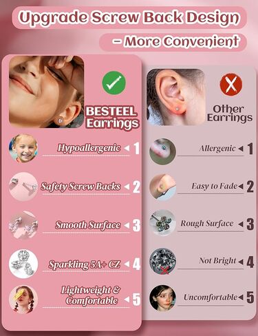 BESTEEL 14Pairs Hypoallergenic Earrings for Girls Women Surgical Steel Screw Back Earrings Cute CZ Flower Butterfly Stud Hoop Kids Toddler Earring Set with Charm Christmas Stocking Stuffers Gift in Kuwait