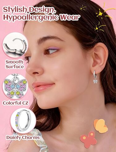 BESTEEL 14Pairs Hypoallergenic Earrings for Girls Women Surgical Steel Screw Back Earrings Cute CZ Flower Butterfly Stud Hoop Kids Toddler Earring Set with Charm Christmas Stocking Stuffers Gift in Kuwait