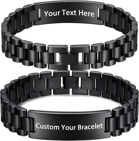 Engraved Bracelet for Men - Customized Gift for Him, Double-Sided Laser Engraving on 15mm Black Stainless Steel, Waterproof Adjustable ID Bracelet for Husband, Dad in Saudi Arabia