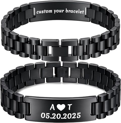 Engraved Bracelet for Men - Customized Gift for Him, Double-Sided Laser Engraving on 15mm Black Stainless Steel, Waterproof Adjustable ID Bracelet for Husband, Dad in Saudi Arabia