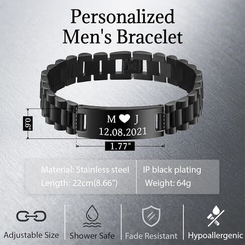 Engraved Bracelet for Men - Customized Gift for Him, Double-Sided Laser Engraving on 15mm Black Stainless Steel, Waterproof Adjustable ID Bracelet for Husband, Dad in Saudi Arabia