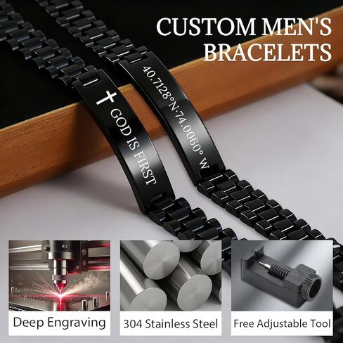 Engraved Bracelet for Men - Customized Gift for Him, Double-Sided Laser Engraving on 15mm Black Stainless Steel, Waterproof Adjustable ID Bracelet for Husband, Dad in Saudi Arabia