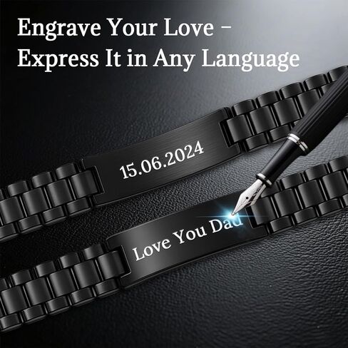 Engraved Bracelet for Men - Customized Gift for Him, Double-Sided Laser Engraving on 15mm Black Stainless Steel, Waterproof Adjustable ID Bracelet for Husband, Dad in Saudi Arabia