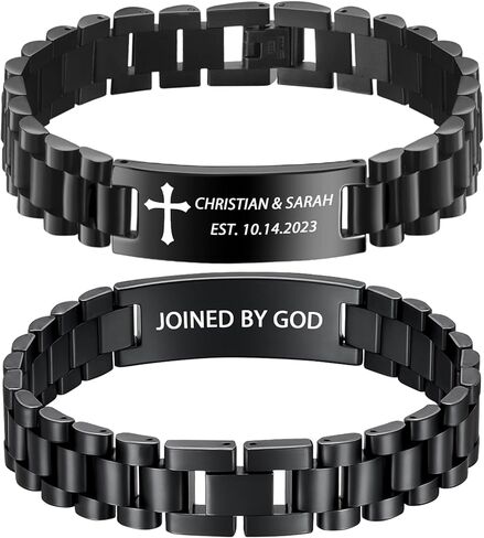 Engraved Bracelet for Men - Customized Gift for Him, Double-Sided Laser Engraving on 15mm Black Stainless Steel, Waterproof Adjustable ID Bracelet for Husband, Dad in Saudi Arabia