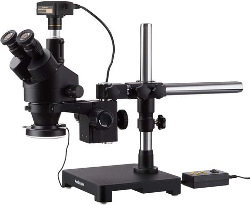 AmScope SM-3TZZ-144A-B 3.5X-180X Black Trinocular Stereo Zoom Microscope on Single Arm Boom Stand + 144 Direction Adjustable LED Ring Light in Kuwait