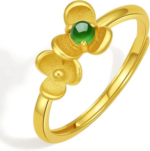 24K Gold Ring Jade Flower Rings Adjustable Open Band Stackable Green Hetian Jadeite Stone Statement Dainty Floral Jewelry Comfort Engagement Eternity Solid Gold Gift for Women in Saudi Arabia