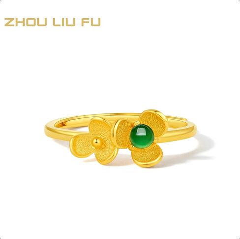 24K Gold Ring Jade Flower Rings Adjustable Open Band Stackable Green Hetian Jadeite Stone Statement Dainty Floral Jewelry Comfort Engagement Eternity Solid Gold Gift for Women in Saudi Arabia