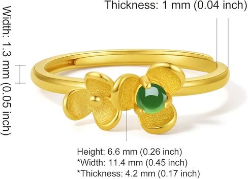 24K Gold Ring Jade Flower Rings Adjustable Open Band Stackable Green Hetian Jadeite Stone Statement Dainty Floral Jewelry Comfort Engagement Eternity Solid Gold Gift for Women in Saudi Arabia
