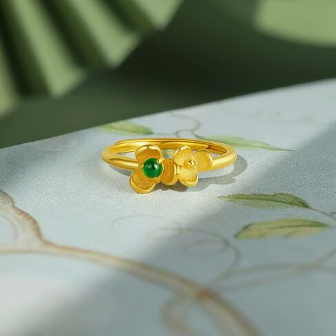 24K Gold Ring Jade Flower Rings Adjustable Open Band Stackable Green Hetian Jadeite Stone Statement Dainty Floral Jewelry Comfort Engagement Eternity Solid Gold Gift for Women in Saudi Arabia