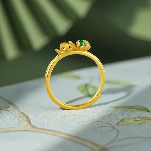 24K Gold Ring Jade Flower Rings Adjustable Open Band Stackable Green Hetian Jadeite Stone Statement Dainty Floral Jewelry Comfort Engagement Eternity Solid Gold Gift for Women in Saudi Arabia