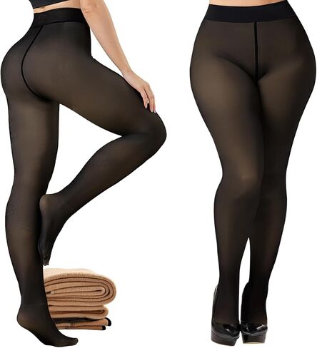 Buauty Fleece Lined Tights Sheer for Women-Fake Translucent Thermal Leggings High Waist Thick Warm Pantyhose for Winter in Kuwait