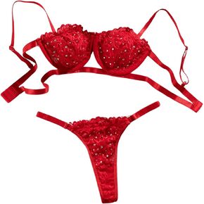 Floerns Women's Floral Lace Rhinestone Cut Out Underwire Bra and Panty Lingerie Set