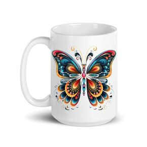 Butterfly Mandala Ceramic Coffee Mug 15oz with Beautiful Detailing - Hand Printed - Unique Gift for Mom, Wife, Grandmother