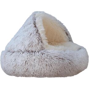 Calming Round Dog Beds &Cat Cave Bed with Hooded Cover,Plush Fluffy Dog Bed Anti-Anxiety Cat Cave Bed,Waterproof Bottom Washable (Grey, 25.6X 25.6inch), Z-HC86