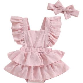 ZAXARRA Newborn Girl Outfit Fly Sleeve Square Neck Romper Dress Hairband 2Pcs Summer Clothes