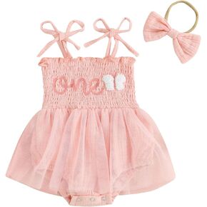 Tsnbre Newborn Baby Girl Clothes One Romper Dress Headband Half First 1st Birthday Outfit 0 3 6 9 12 18 Month