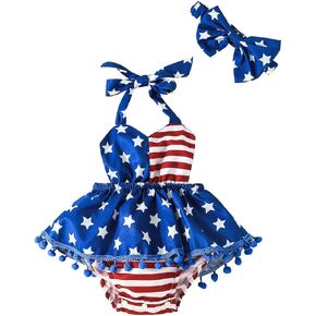 Noubeau 4th من يوليو الرضع طفلة ملابس للفتيات العلم الأمريكي الرسن رومبير بوم بوم عارية الذراعين فستان القوس عقال الصيف مجموعة in Kuwait