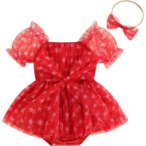 Lamuusaa Newborn Baby Girl 4th of July Outfit Lace Off Shoulder Romper Dress Star Bodysuit Jumpsuit with Headband