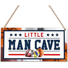 Little Man Cave Sign - 5"x 10" All-Star Sports Wooden Wall Art Decor - Baby Nursery Room Decor For Boys Kids Bedroom Playroom Room Door Signs - A07