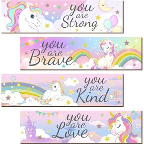 4 Pcs Unicorn Rainbow Girls Room Decor Unicorn Wooden Hanging Wall Decor Motivational Wall Art Unicorn Bedroom Decor Inspirational Wall Sign for Girls Kids Nursery Children Baby Playroom Kindergarten